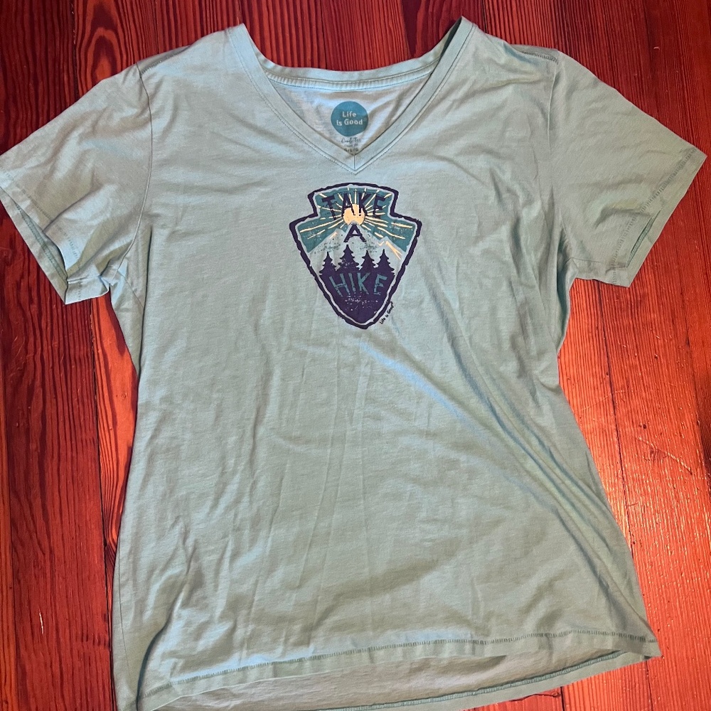 Life is Good V Neck Tee Shirt Blue Take a Hike Cool Tee Girls Size Large